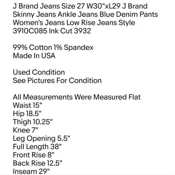 J Brand Jeans Size 27 W30"xL29 J Brand Skinny Jeans Ankle Jeans Blue Denim Pants - Picture 2 of 8